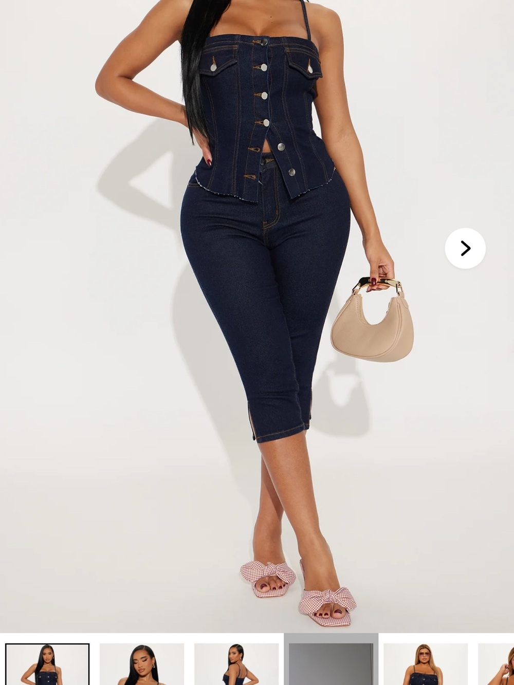 Fashion Nova Dark Indigo Denim Capri Jumpsuit